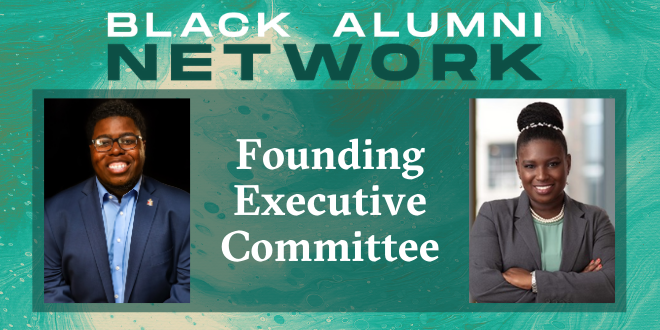 Graphic of the Black Alumni Network including two headshots of Jerail Fennell, Chair, and Shannon Proctor, Vice Chair
