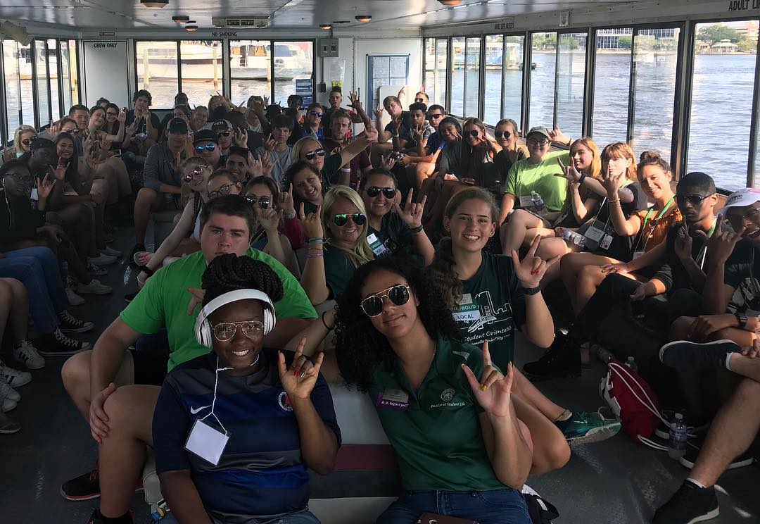 A large group of JU orientation students aboard the River Taxi 