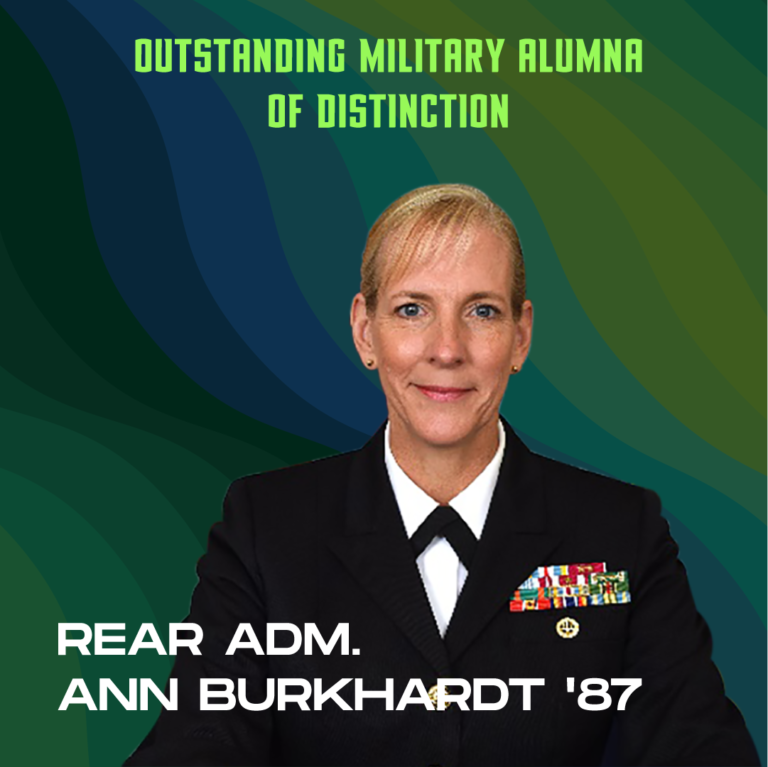Rear Adm. Ann Burkhardt headshot with text "Distinguished Alumni of Excellence, Rear Adm. Ann Burkhardt '87"