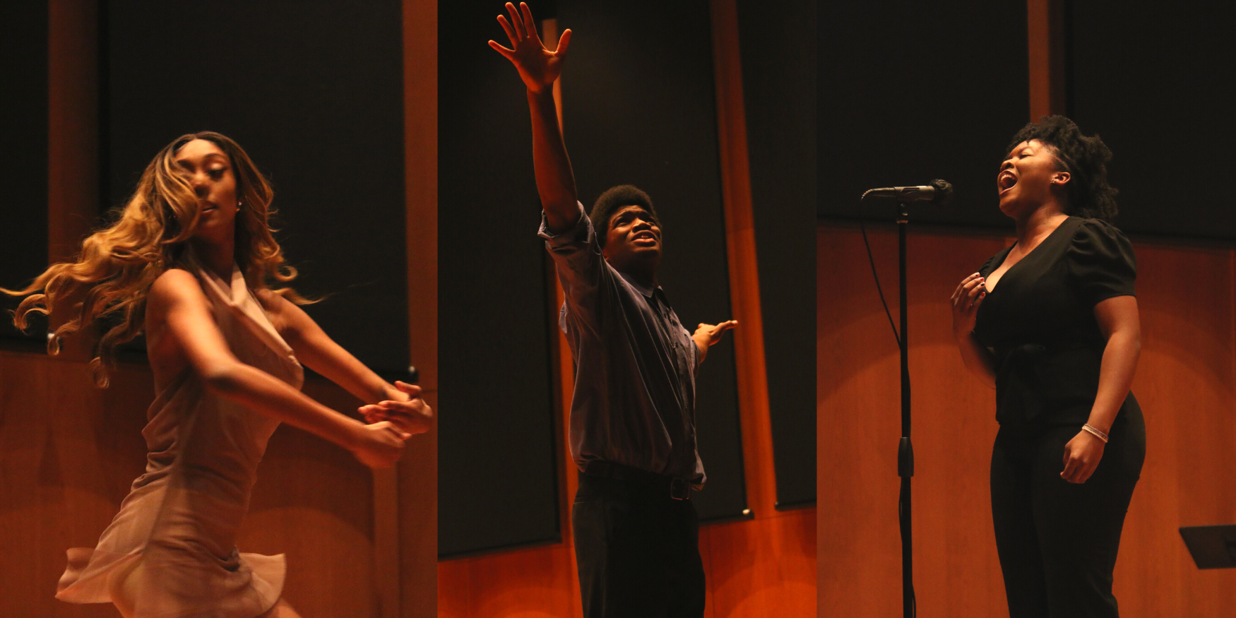 From left to right, there is a Black dancer with her arms rounded in front of her, her hair tossed behind her. She is wearing a neutral color outfit and pictured mid-move. Next to her is a Black male poet wearing a grey shirt and black pants, his arms reaching above his head. Next to him is a Black female singer waring concert black, singing passionately into the microphone.