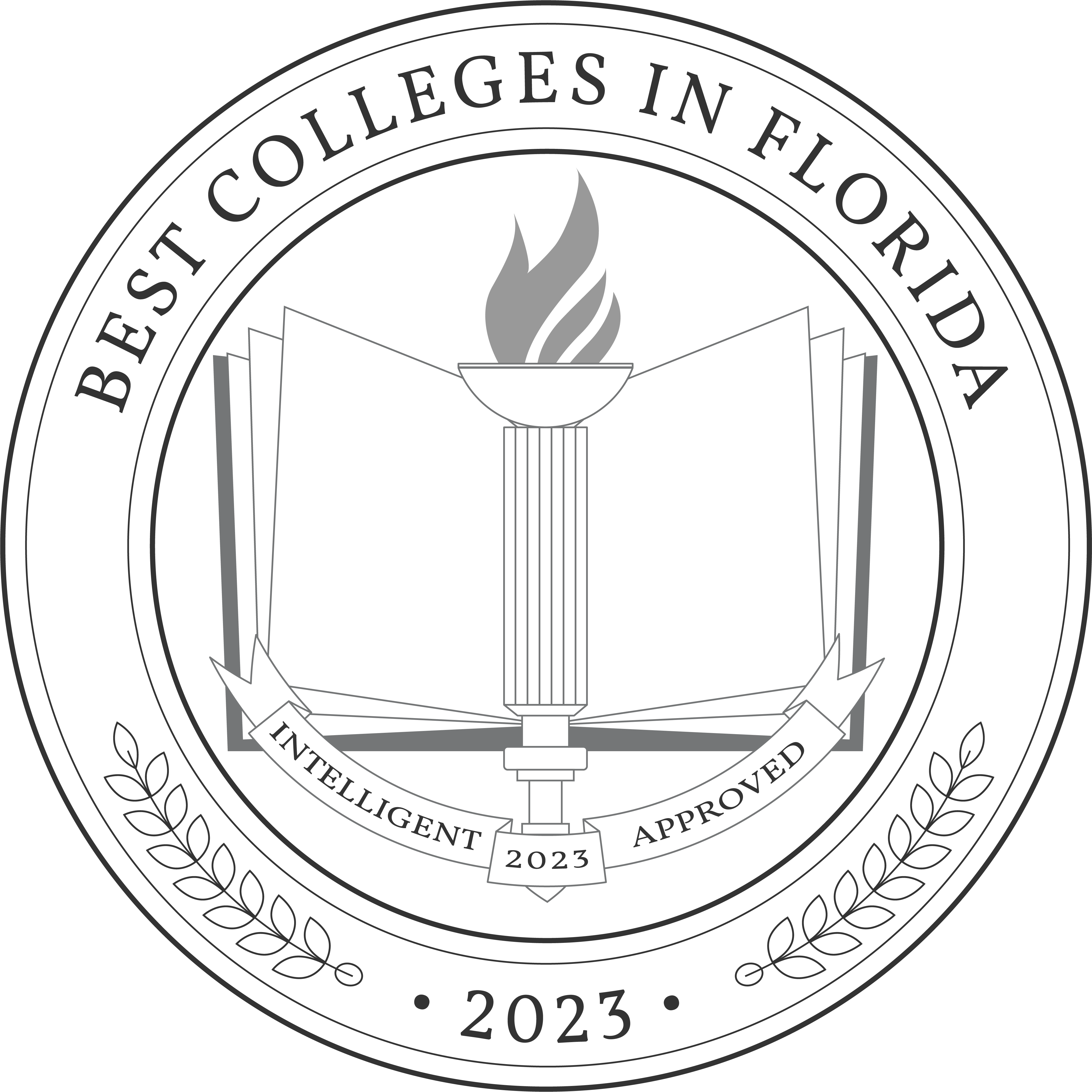 An official seal provided by Intelligent.com which recognizes Jacksonville University as one of the best colleges in Florida for 2023