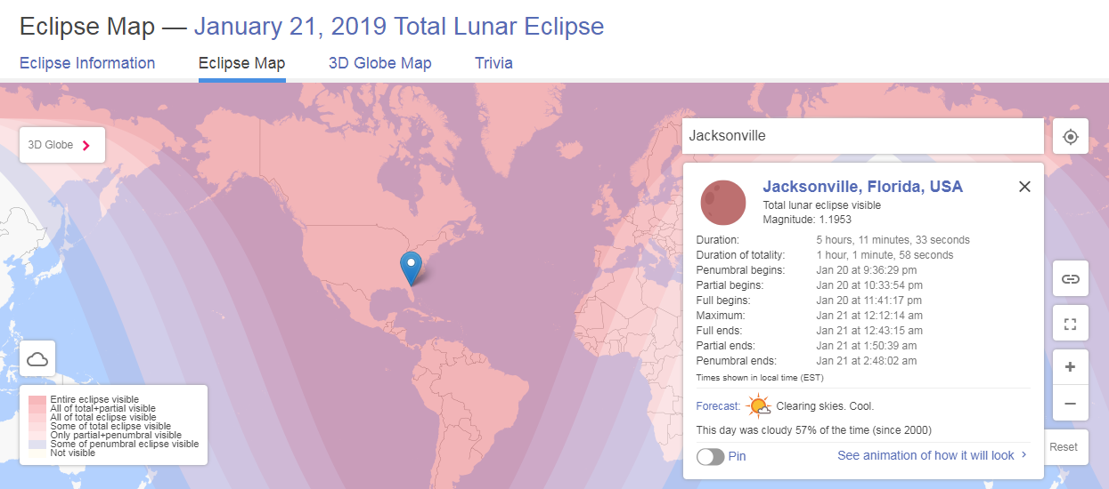 A screenshot of the interactive map displaying the viewing opportunities for the Super Blood Wolf Moon.