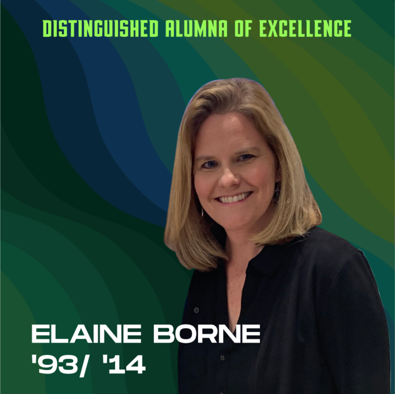 Elaine Borne headshot with text "Distinguished Alumni of Excellence, Elaine Borne '93/'14"