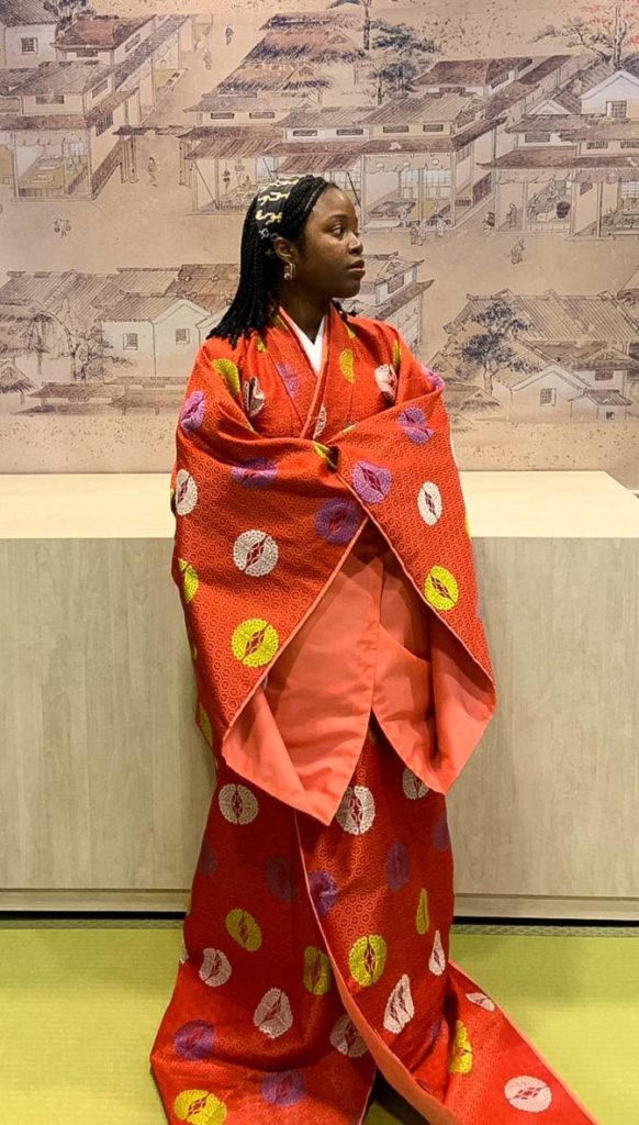 Natasha Ubani poses in a traditional japanese dress at a Hiroshima, Japan museum