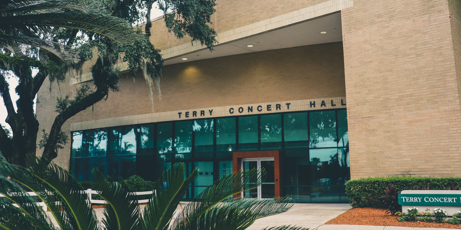 A front view of JU's Terry Concert Hall