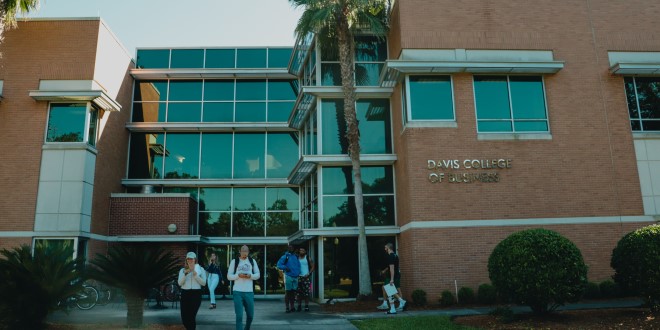 Front view of Davis College of Business building during the early morning hours with students walking out the front doors