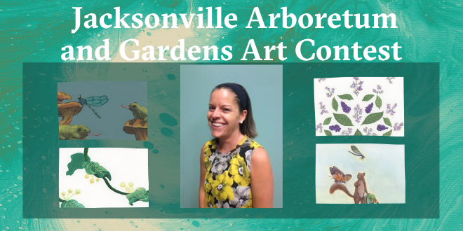 Graphic of textured green background with photos of art depicting plants around Dr. Melinda Simmons' headshot