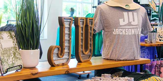 A picture of a store with Jacksonville University merchandise