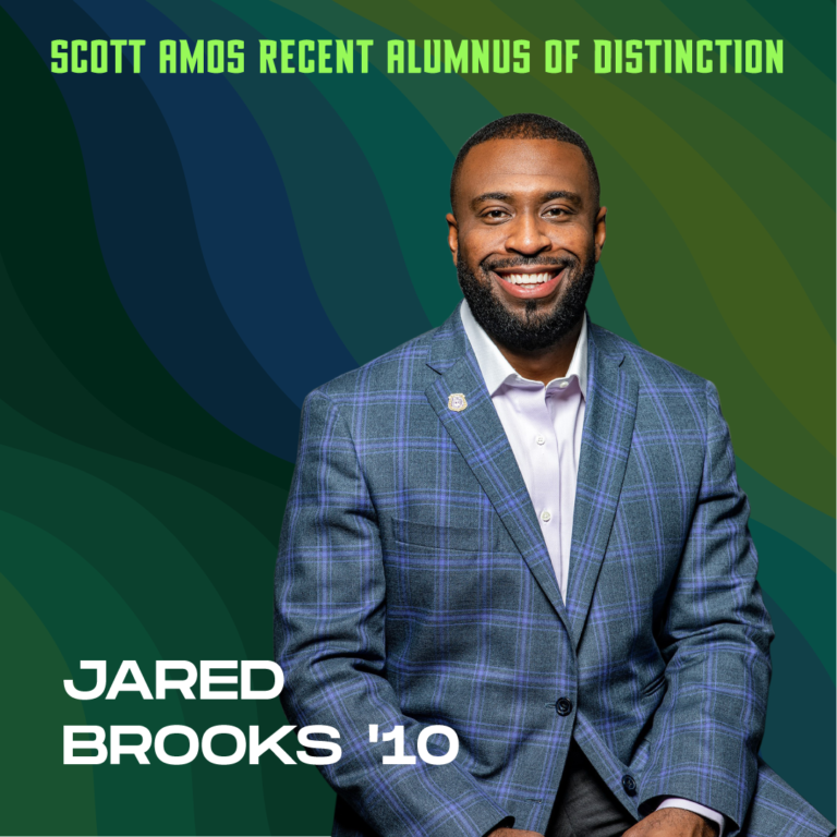 Jared Brooks headshot with text "Distinguished Alumni of Excellence, Jared Brooks '10"