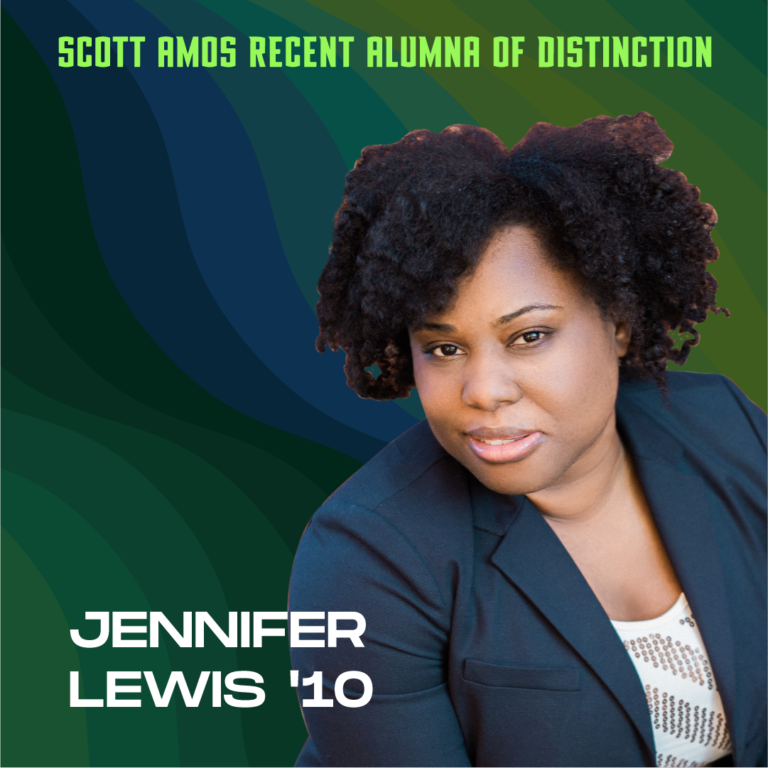 Jennifer Lewis headshot with text "Distinguished Alumni of Excellence, Jennifer Lewis'10"