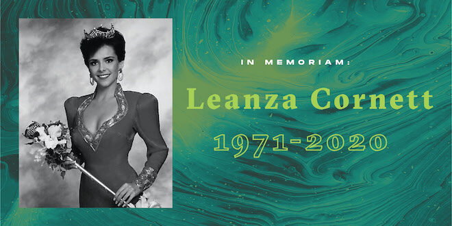 Graphic with a textured green background including a black and white pageant photo of Leanza Cornett with text saying 