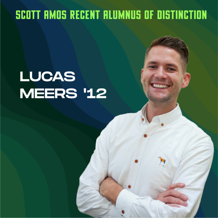 Lucas Meers headshot with text "Distinguished Alumni of Excellence, Lucas Meers '12"