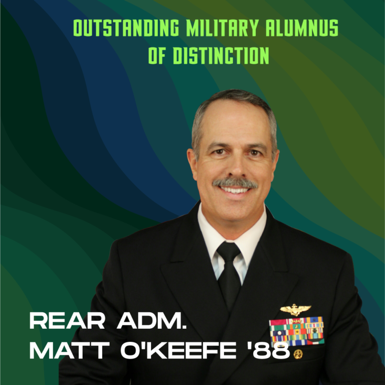 Read Adm. Matt O'Keefe headshot with text "Distinguished Alumni of Excellence Rear Adm. Matt O'Keefe '88"