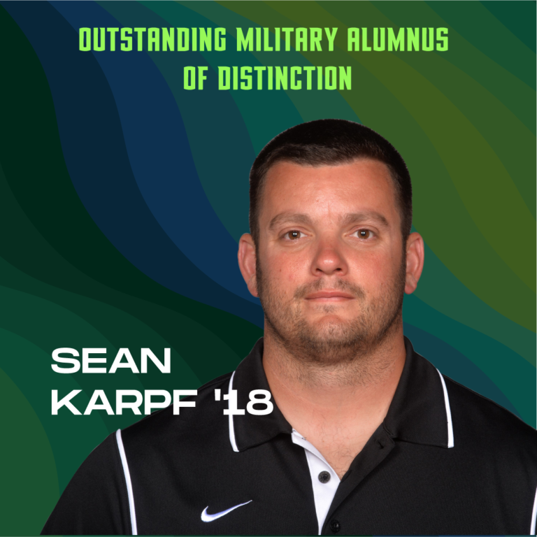 Sean Karpf headshot with text "Distinguished Alumni of Excellence, Sean Karpf '18"