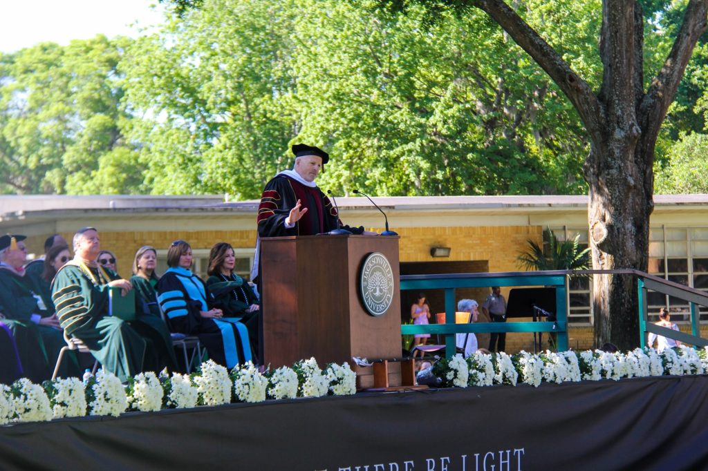 Elon University President Leo Lambert delivers the keynote address to undergraduate student