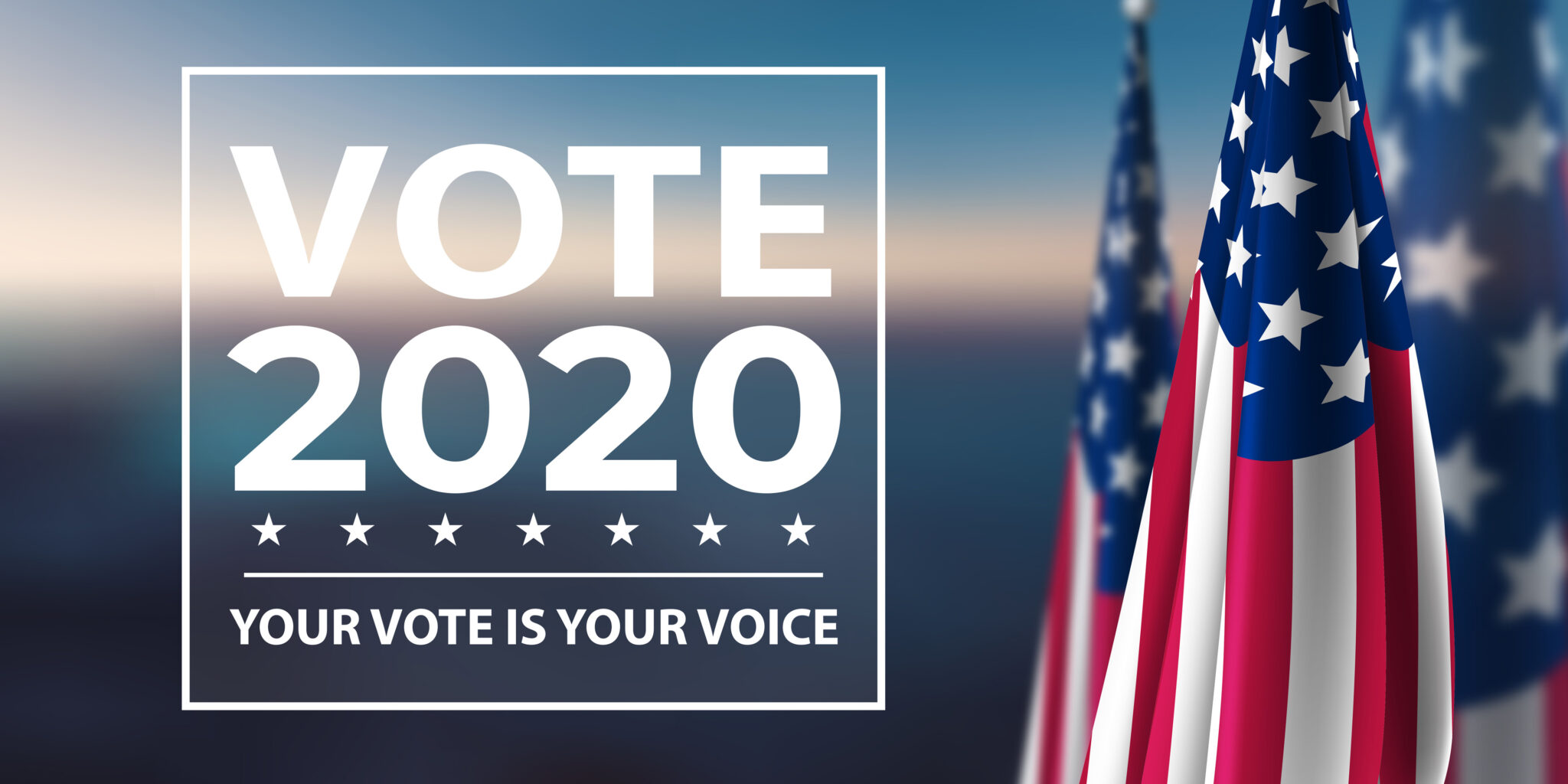Graphic of the American flag behind text that says "Vote 2020, your vote is your voice"