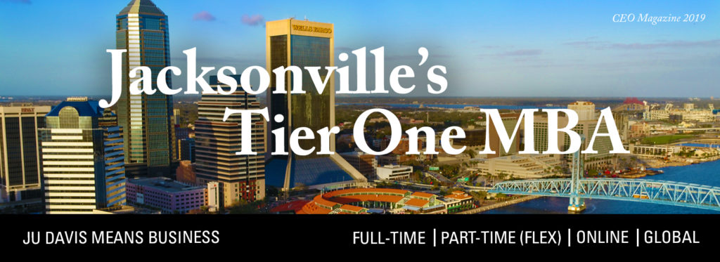 Aerial image of Downtown Jacksonville during sunset with "Jacksonville's Tier One MBA" text overlay and footer text "JU Davis Means Business, Full-time | Part-time (flex) | Online | Global"