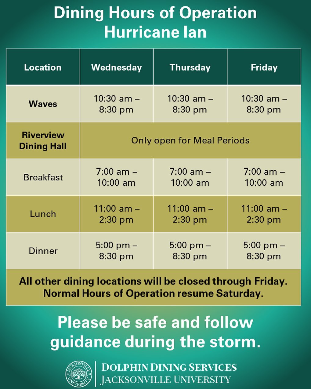 hurricane ian dining hall hours