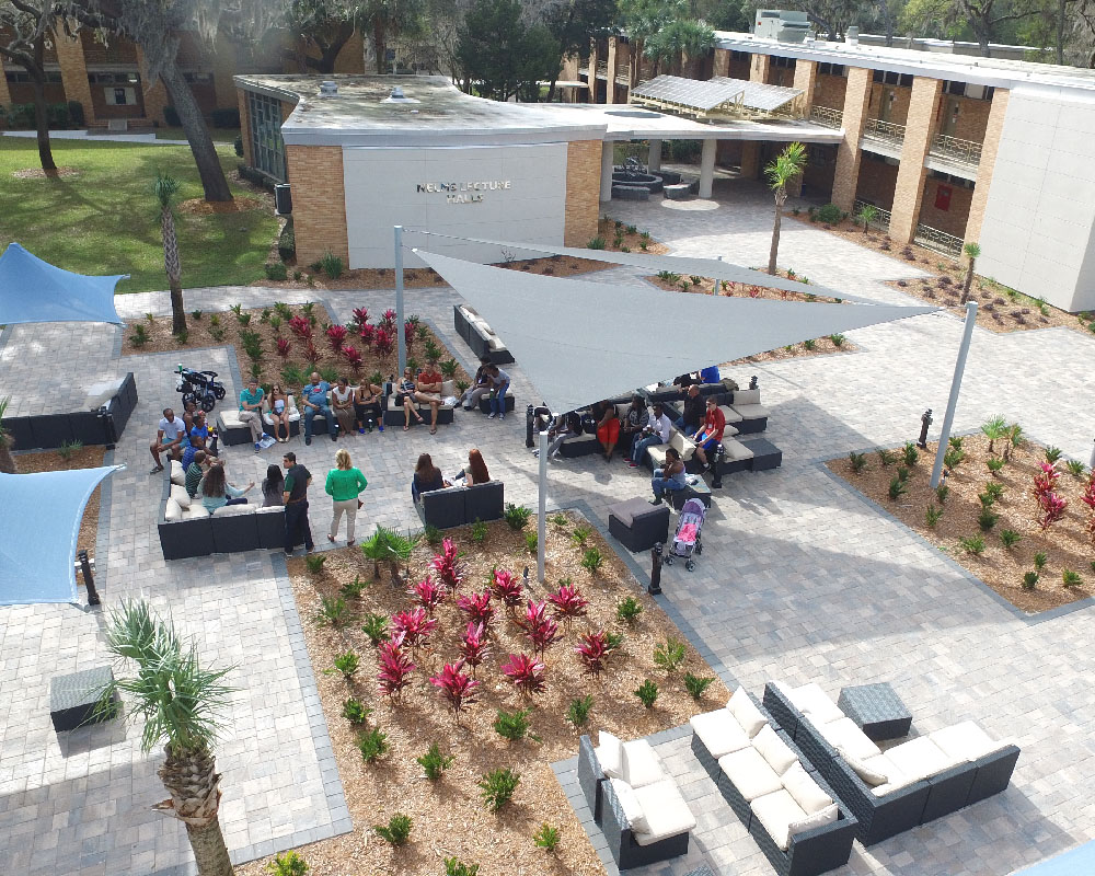 Students gather at Nelms Plaza