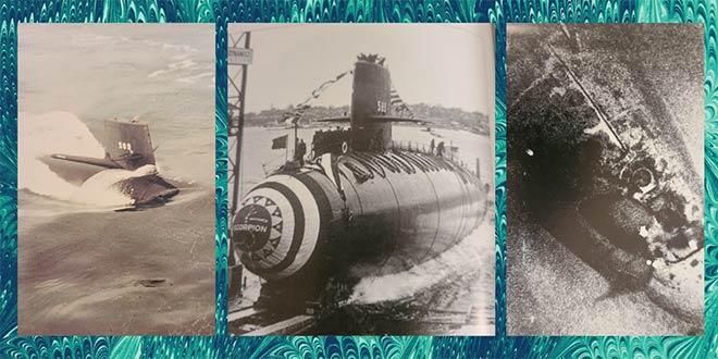 A collage of pictures of the vessel, the USS Scorpion