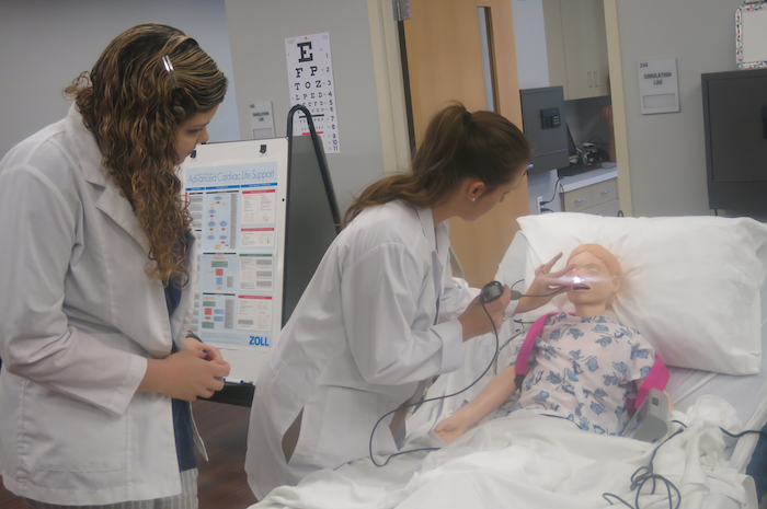 Nursing students testing intubation methods using a medical mannequin.