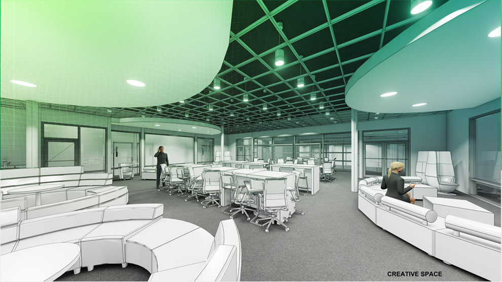 Another rendering of the Creative Space from the perspective of the other side of the space.