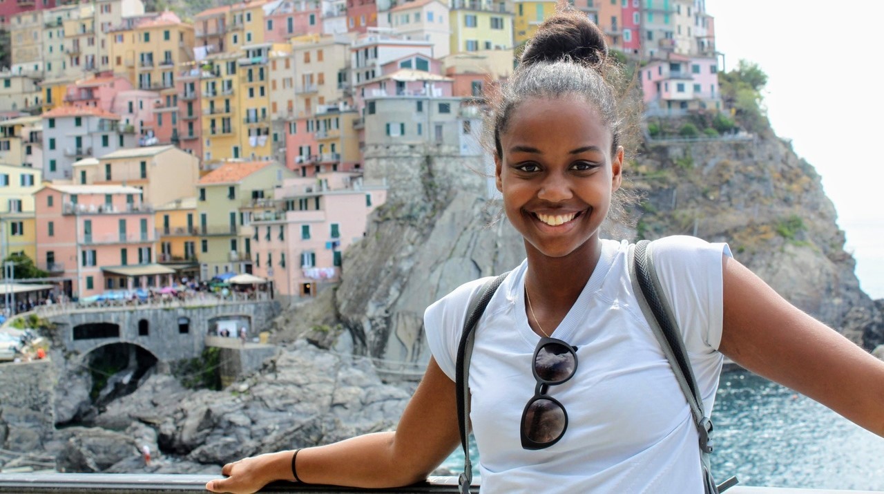 African American female student smiling in Barcelona
