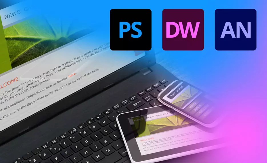 Graphic showcasing a computer and tablet with Adobe program icons