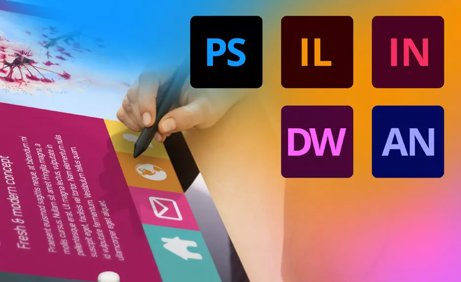 Graphic including a person drawing on a tablet with Adobe program icons