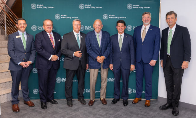 Scott Bacon, Senior Vice President of External Affairs, Jacksonville University; Nick Allard, Randall C. Berg Jr. Founding Dean, College of Law, Jacksonville University; Tim Cost, President of Jacksonville University; Preston Haskell; Rick Mullaney, Executive Director & Robert T. Shircliff Chair, Jacksonville University Haskell Public Policy Institute; Dr. Jason Altmire, Chairman of the Public Policy Advisory Board at Jacksonville University; and John Miller, Chairman of the Board of Trustees at Jacksonville University.